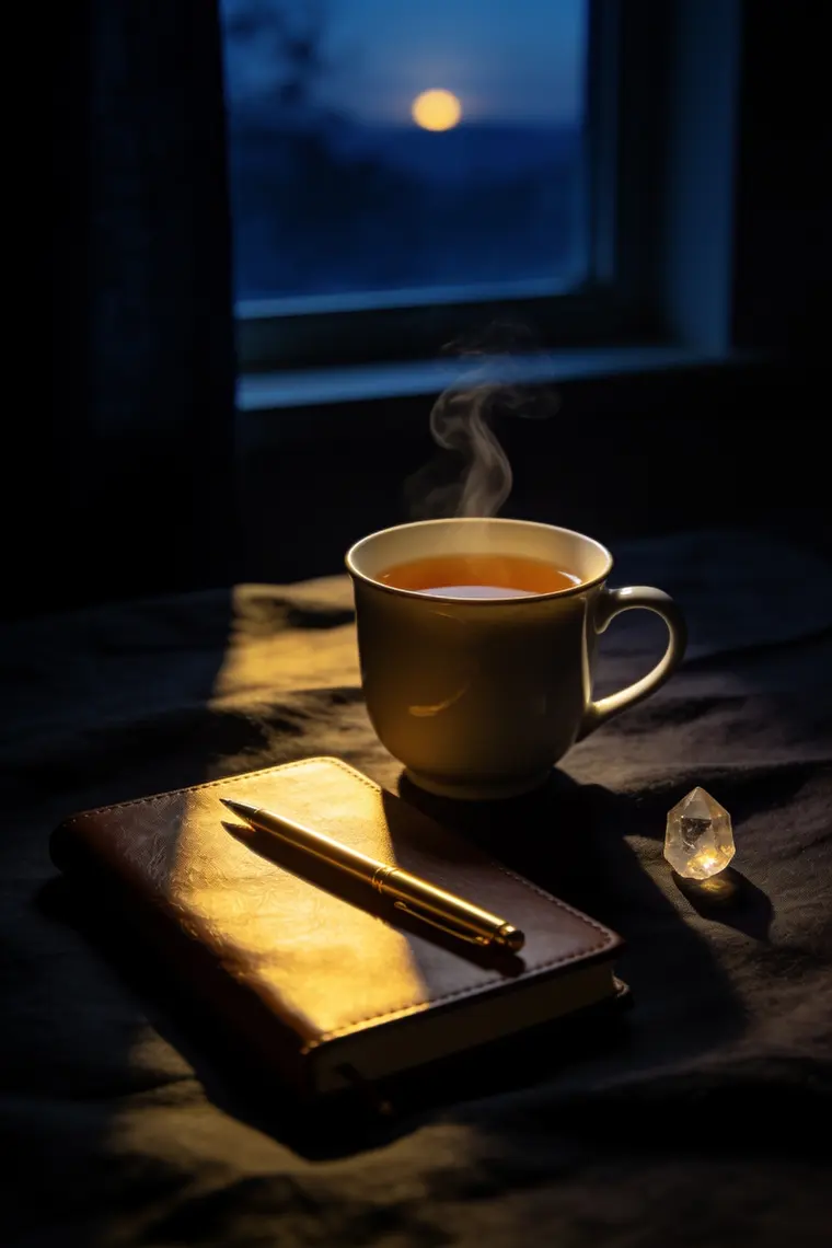 A cup of tea, a notebook and a small crystal in the first light of morning